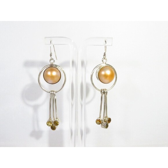 Modernist Pearl Dangling Earring Set Colored Glass Stones Sterling Silver - Picture 2 of 8